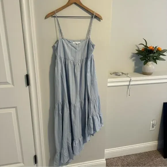 Frame Blue Striped Cotton Hemp Asymmetric Maxi Dress Small - Picture 10 of 13